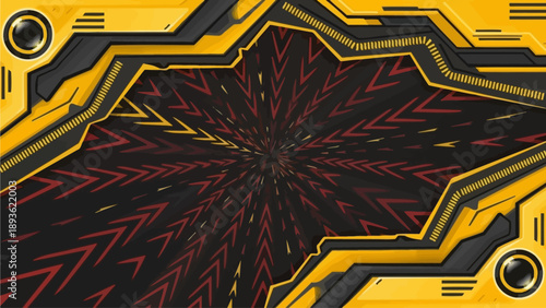 Futuristic circuit board with neon lights and geometric patterns viewed from above