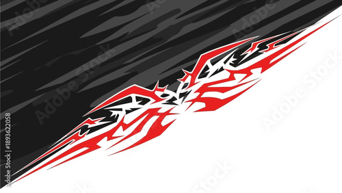 Dynamic abstract illustration of flames, smoke, and energy in motion, depicted in bold red, black, and white hues