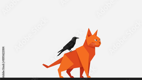 An orange cat and a black bird standing together on a black surface