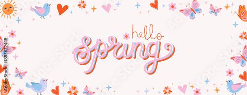 Hello spring banner with cute bird, butterfly, flower and heart in pastel color. Playful flat illustration with hand drawn lettering for seasonal greeting, holiday design, nursery decor and stationery