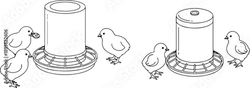 Chicks and Feeders in Outline illustration vector