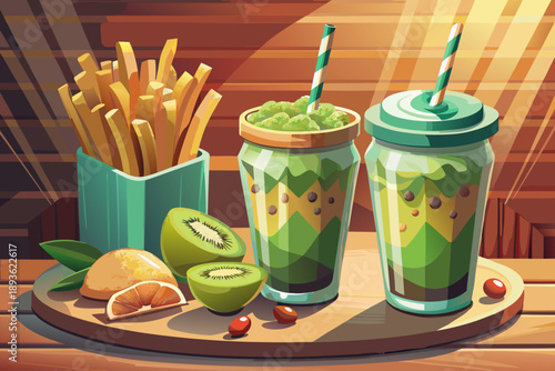 Delightful kiwi smoothie with french fries with the combination of tasty food, drink in glass containers and crunchy and delicious food.