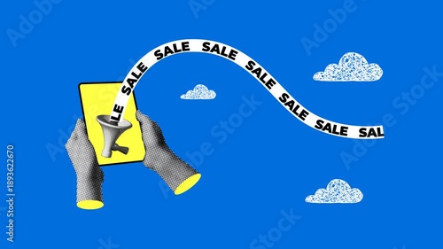 Halftone hands holding a tablet. On the tablet screen, a megaphone announces a sale with news ticker. Sale banner. Online shopping concept. Collage animation