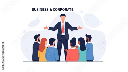 Business Leader Addressing Team, Corporate Meeting, Teamwork and Leadership Concept