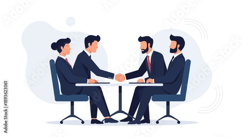 Business handshake agreement between diverse team partners at a meeting table