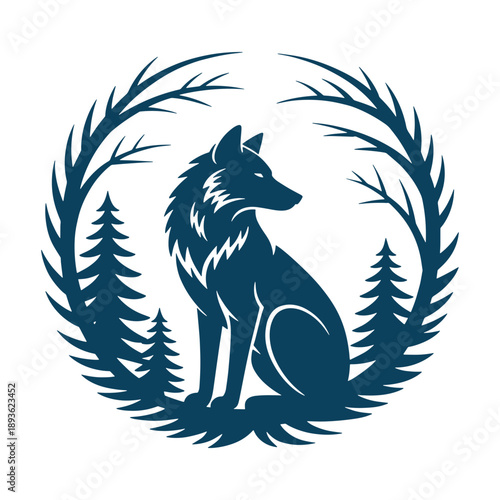 Wolf Silhouette Inside Forest Wreath Illustration
