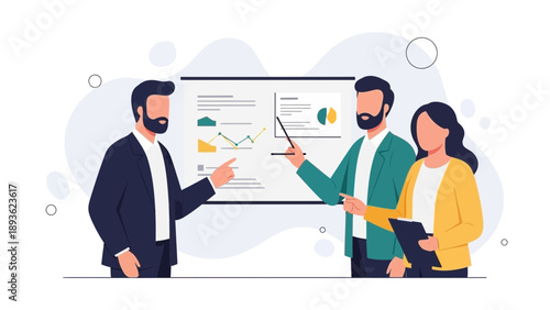 Business meeting and presentation with charts and graphs on whiteboard