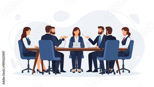 Business meeting: Diverse team collaborating around conference table, discussing strategy