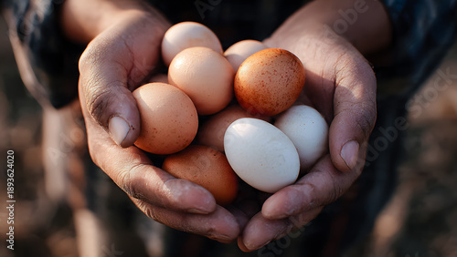 Gros plan sur les mains d'un fermier tenant des oeufs frais dans ses mains