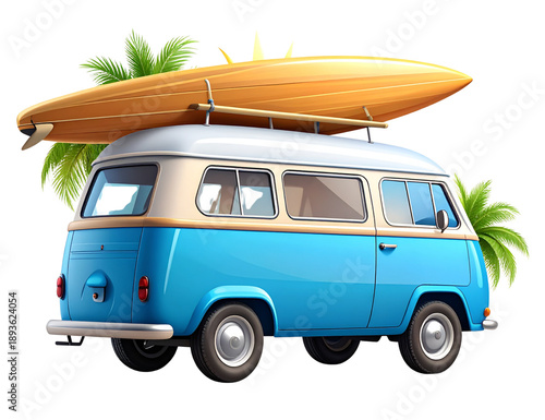 Classic Surf Wagon Van Side View with Floating Summer Elements, Vacation Concept, Isolated