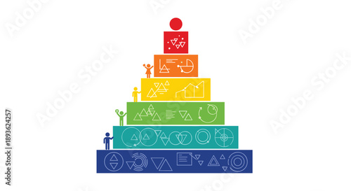Colorful seven tiered pyramid in rainbow colors featuring small human figures and various white line icons and symbols on each level.