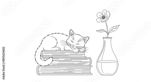Sweet line art illustration showing a cozy scene of a cat napping on top of a stack of books next to a delicate flower in a glass vase.
