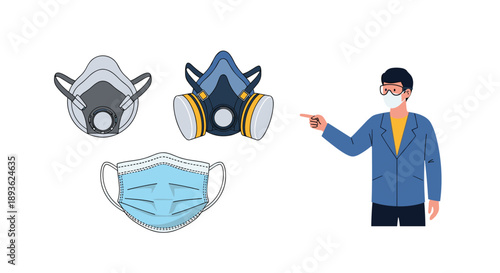 Different types of respiratory protective masks including surgical and industrial respirators shown with a person in gear.
