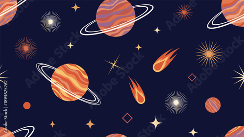 Seamless space pattern featuring stylized planets with rings comets and stars against a dark blue background for cosmic themed and astronomical designs.