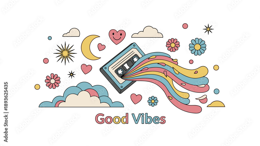 Naklejka premium Retro style illustration with the text good vibes featuring a cassette tape with rainbow waves flowers hearts clouds and celestial star elements.