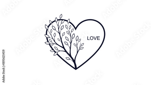 Minimalist line art of a heart shape with a leafy branch growing from one side and the word love written in simple and clean black capital letters.