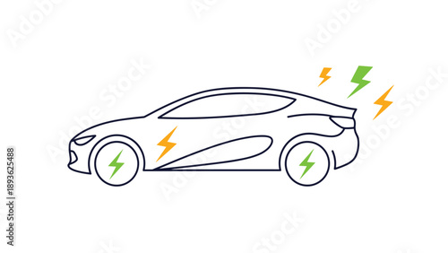 Minimalist line art illustration of a modern electric car profile with lightning bolt symbols representing green energy and environmental sustainability.