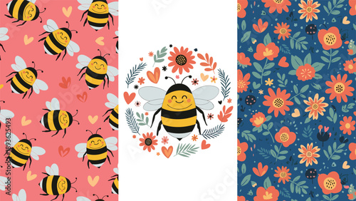 Cheerful pattern of smiling bumblebees and colorful flowers in three different layouts for nursery decoration and spring themed floral designs.