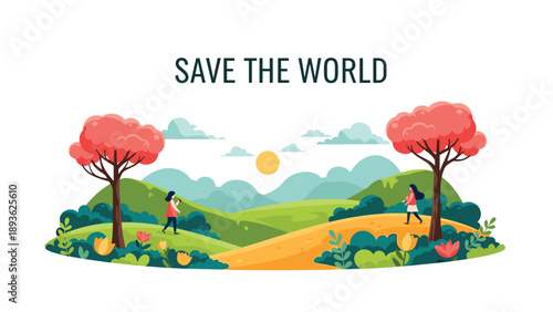 Beautiful landscape illustration with the message save the world featuring rolling green hills trees colorful flowers and two people walking together.