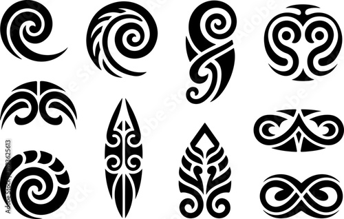 Tribal Spiral Tattoo Shapes Vector Set – Bold Black Polynesian Maori Style Symbols
