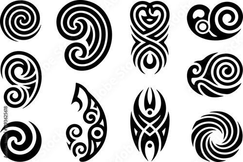 Tribal Spiral Tattoo Shapes Vector Set – Bold Black Polynesian Maori Style Symbols