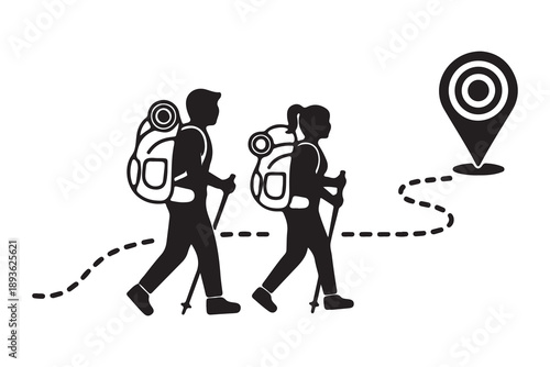 Minimalist hiking couple journey to destination icon