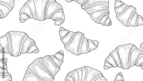 Detailed black and white line art pattern of delicious croissants scattered across a white background for bakery and food themed branding projects.