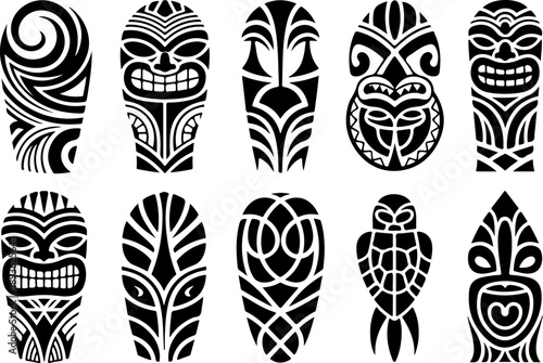 Tribal Spiral Tattoo Shapes Vector Set – Bold Black Polynesian Maori Style Symbols