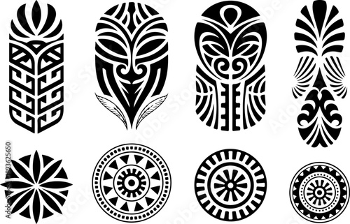 Tribal Spiral Tattoo Shapes Vector Set – Bold Black Polynesian Maori Style Symbols
