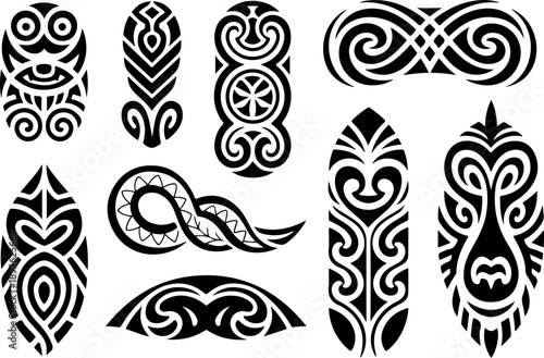 Tribal Spiral Tattoo Shapes Vector Set – Bold Black Polynesian Maori Style Symbols