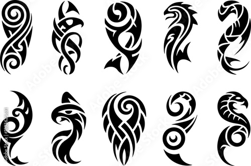 Tribal Spiral Tattoo Shapes Vector Set – Bold Black Polynesian Maori Style Symbols