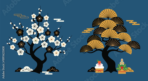 Artistic Japanese landscape featuring a black plum tree with white blossoms and a pine tree with golden fans under a dark blue night sky.