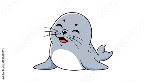 Adorable baby seal character with a big happy smile and closed eyes lying down in a charming and clean graphic illustration on a white background.