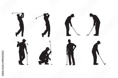 Black silhouettes of golfers in various poses on a white background show golf swings and stances
