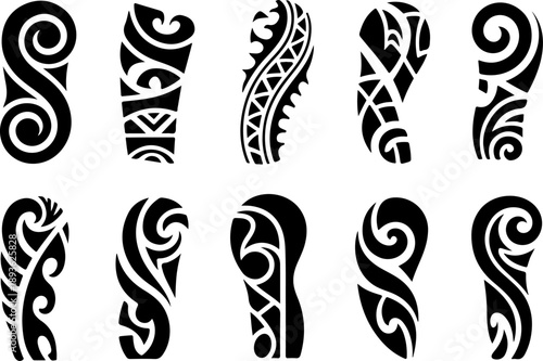 Tribal Spiral Tattoo Shapes Vector Set – Bold Black Polynesian Maori Style Symbols