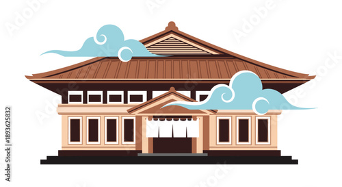 Detailed illustration of a traditional Japanese building with a multi tiered tiled roof and wooden architecture partially hidden by blue clouds.