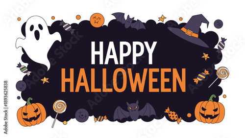 Festive happy halloween banner illustration featuring a ghost pumpkins bats a witch hat and colorful candies against a dark starry background space.