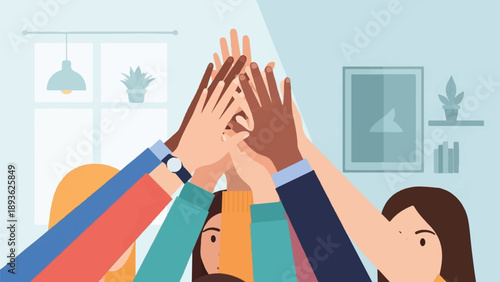 Diverse hands reaching up in a circle, symbolizing unity and teamwork