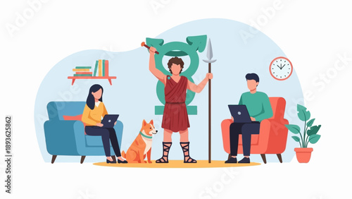 Diverse individuals, a dog, and ancient figure gather with tech and symbolism