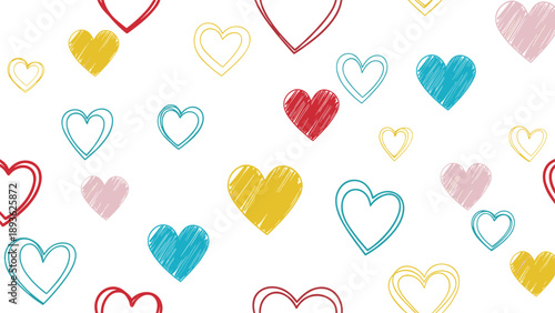 Seamless pattern featuring various hand drawn colorful hearts in shades of red, pink, yellow, and blue on a plain white surface.