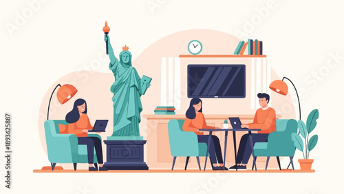 Diverse individuals collaborate remotely in a stylized home office environment