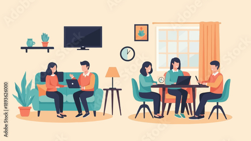 Diverse people collaborate and work on laptops in a cozy home office