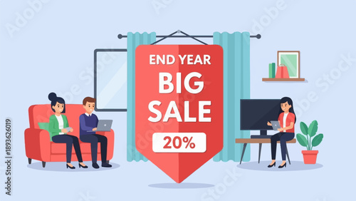 Diverse people engage in online shopping during a big end-of-year sale