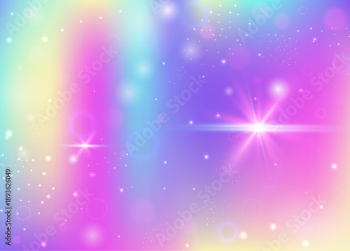 Girl Invitation. Pink Unicorn Hologram. Rainbow Pattern. Iridescent Sparkles Effect. Purple Abstract Gradient. Lilac Universe Background. Princess Backdrop. Neon Girl Invitation.