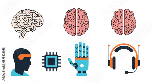 Set of icons related to artificial intelligence and human cognition including digital brains, a microchip, a robotic hand, and a headset.