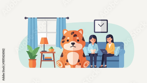 Cozy living room scene with two women, a large plush toy, and a plant