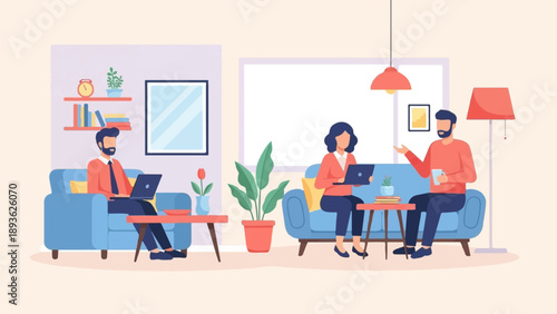 Diverse people work on laptops and converse in a modern living room space