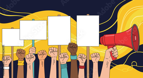 Crowd of people raising fists and holding blank protest signs alongside a red megaphone against an abstract dark and yellow background.