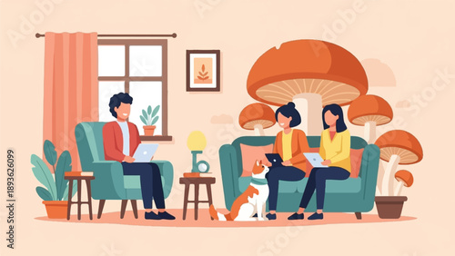 Cozy living room with people, dog, laptops, and giant mushrooms