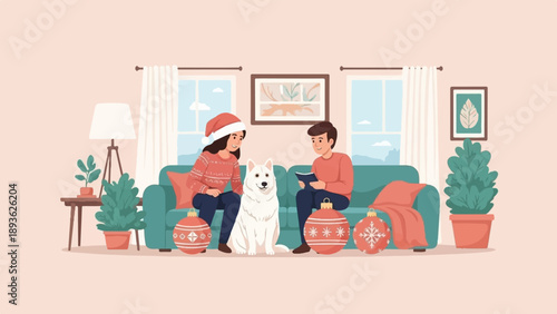 Cozy living room scene with a couple, dog, and Christmas decor